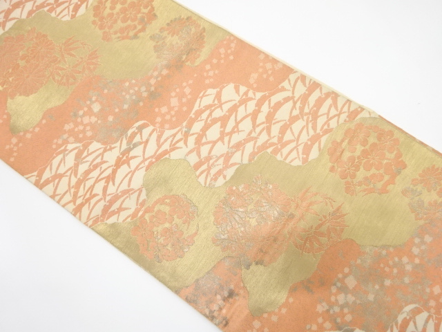 アンティーク　服部織物製　こはく錦　道長取りに雪芝・花丸文様織り出し袋帯（材料）